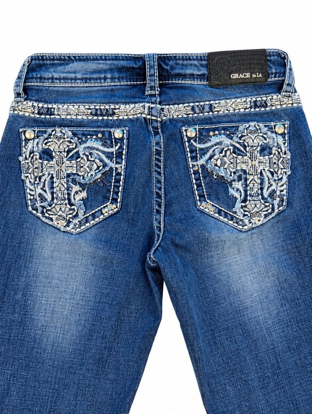 Grace in LA Size 27 Low Rise Bootcut Embellished Rhinestone Cross Jeans - Picture 5 of 6